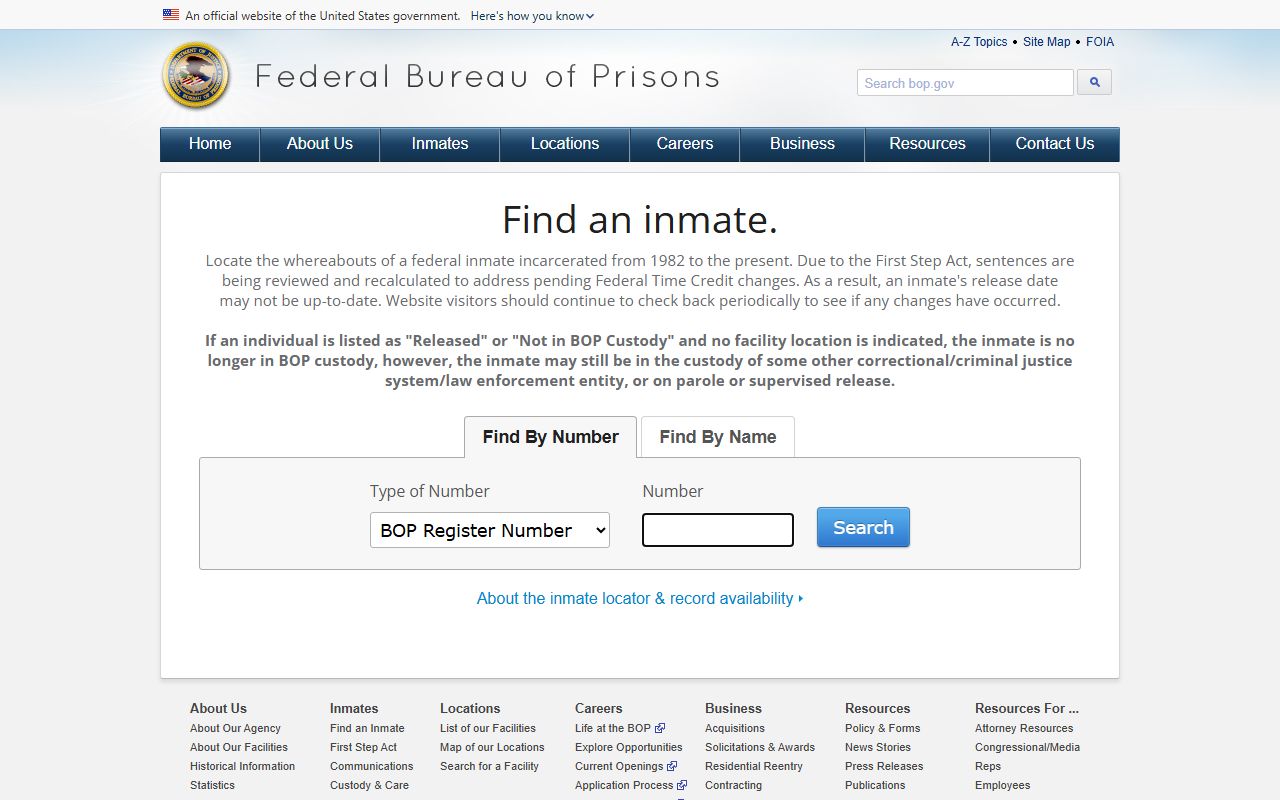 Federal Bureau of Prisons inmate locator used when a Palm Beach County arrest leads to federal custody