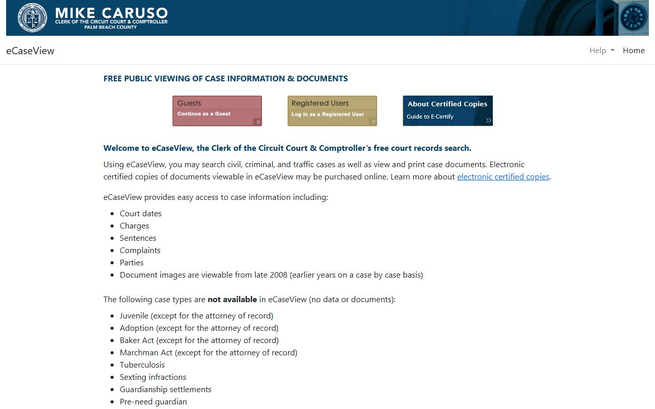 Palm Beach County Clerk eCaseView search used to find court records after a jail arrest