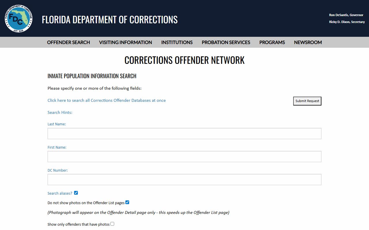 Florida Department of Corrections offender search form for the sentenced state prison population from Palm Beach County