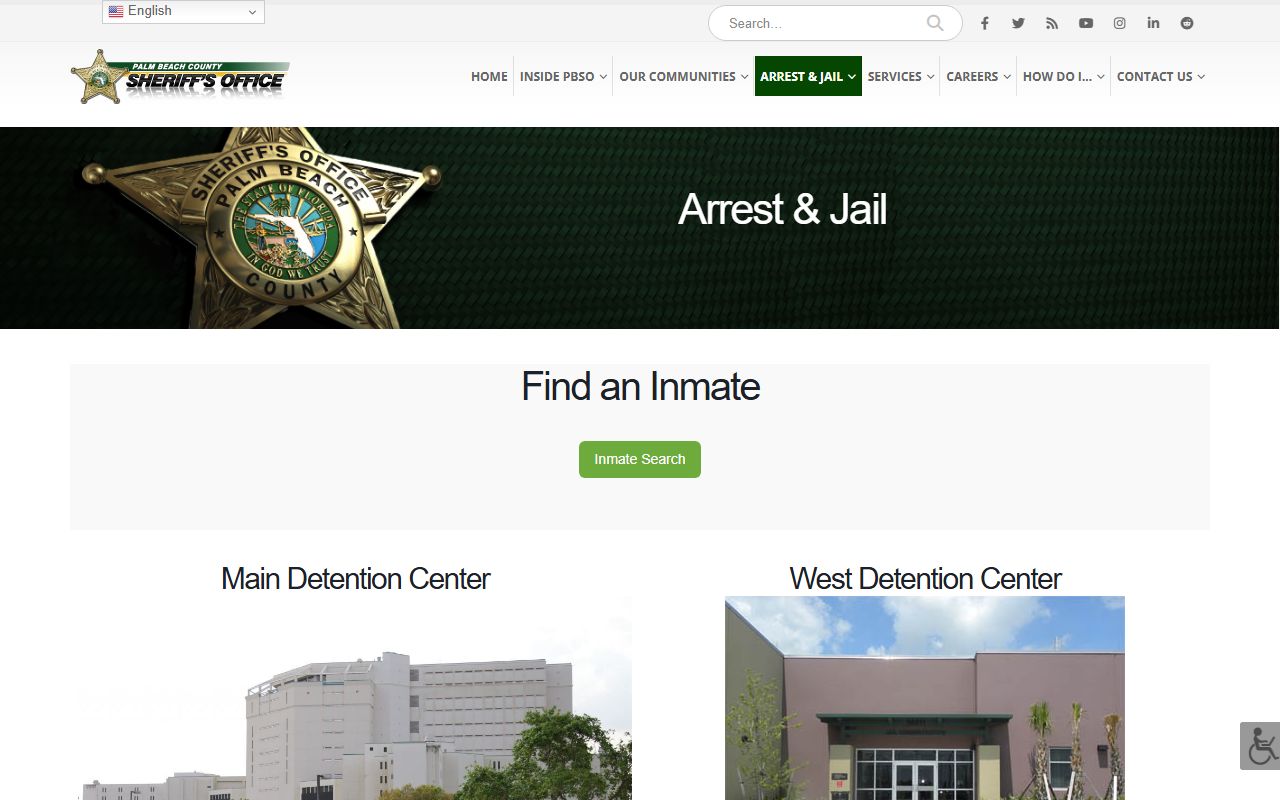 PBSO Arrest and Jail menu linking the Palm Beach County jail roster, inmate records, visitation, and accounts