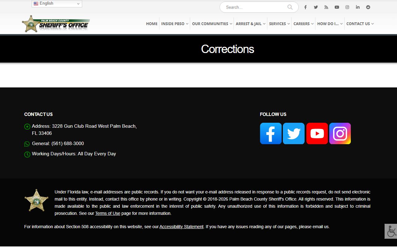 Palm Beach County Sheriff's Office Corrections Division page describing jail operations and the county inmate population