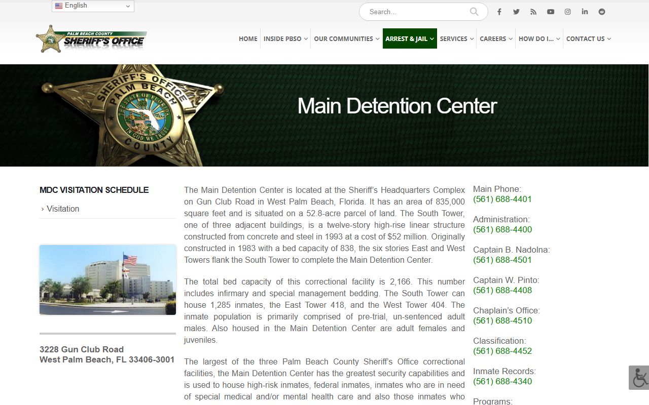 PBSO Main Detention Center page showing the Palm Beach County jail towers, security role, and average inmate population