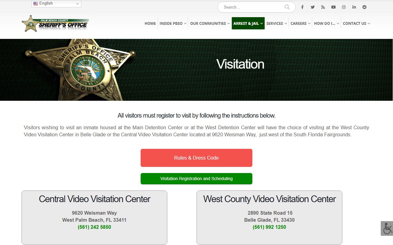 PBSO visitation page with scheduling rules for Palm Beach County jail inmate visits